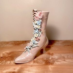 Vintage 80s Ceramic Pink Opalescent Floral Boot Vase